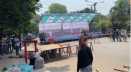 Temporary stage being prepared as protest going on to ban AL